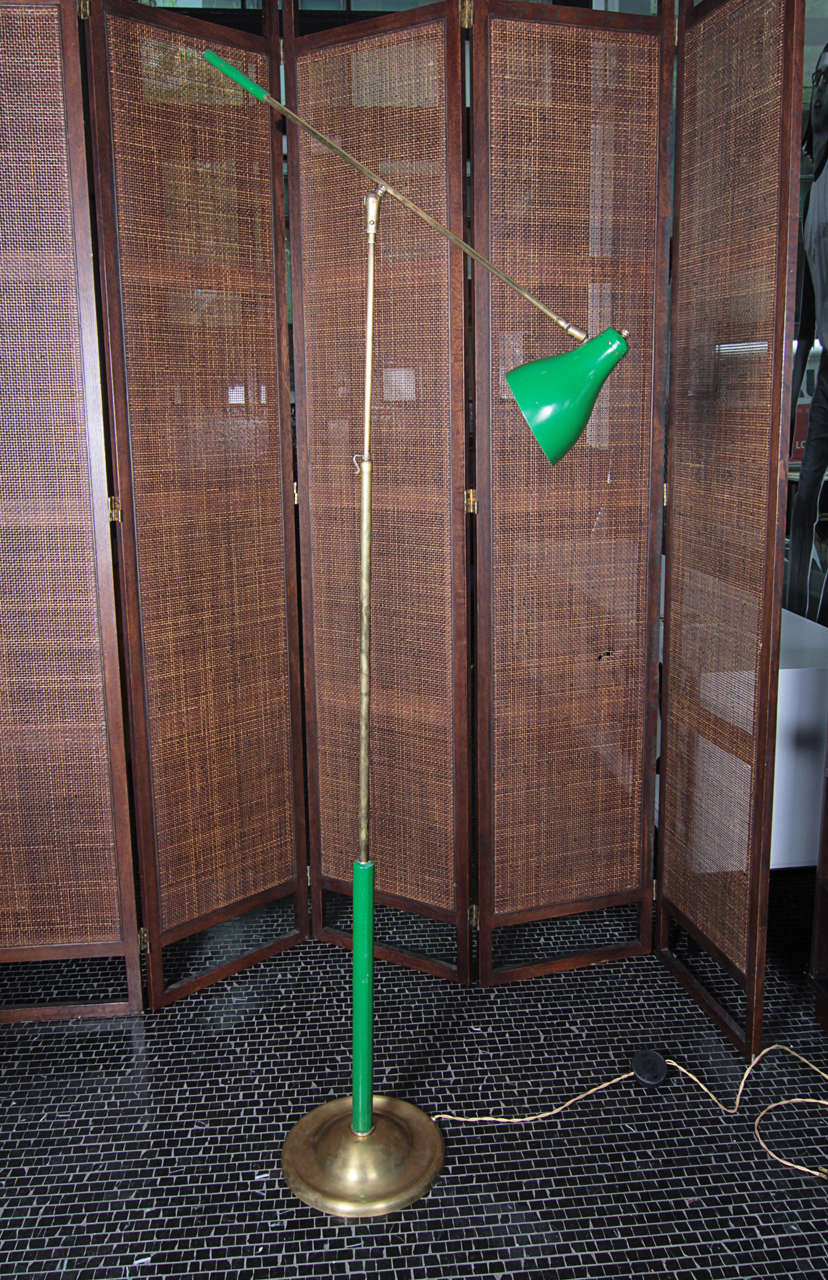 1950′s Italian floor lamp with brass stem and green painted shade.