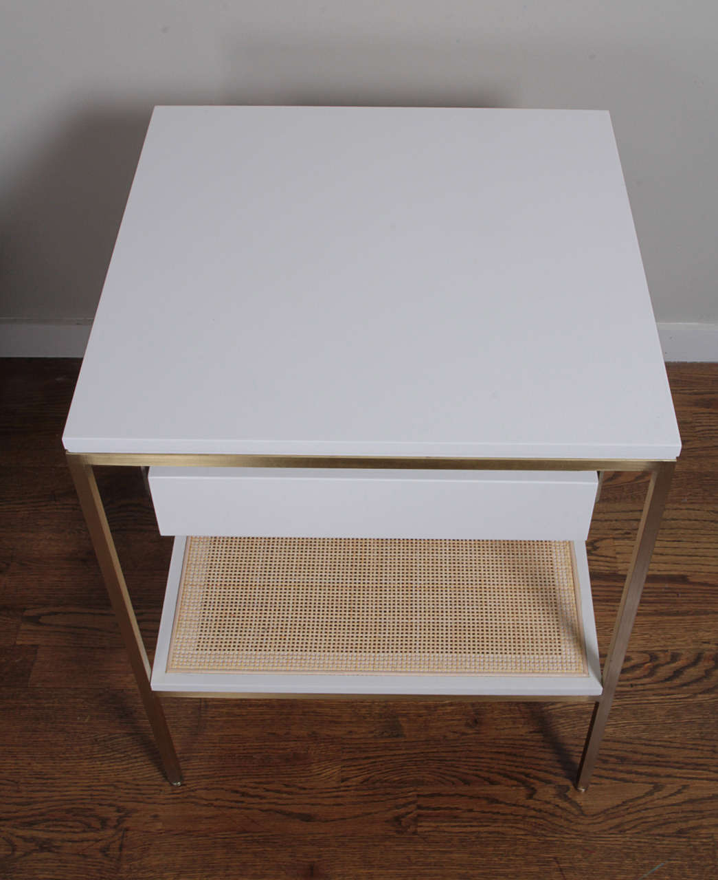 Minimalist re: 392 Bedside Tables in Soft Chamois gloss on satin brass frames. For Sale