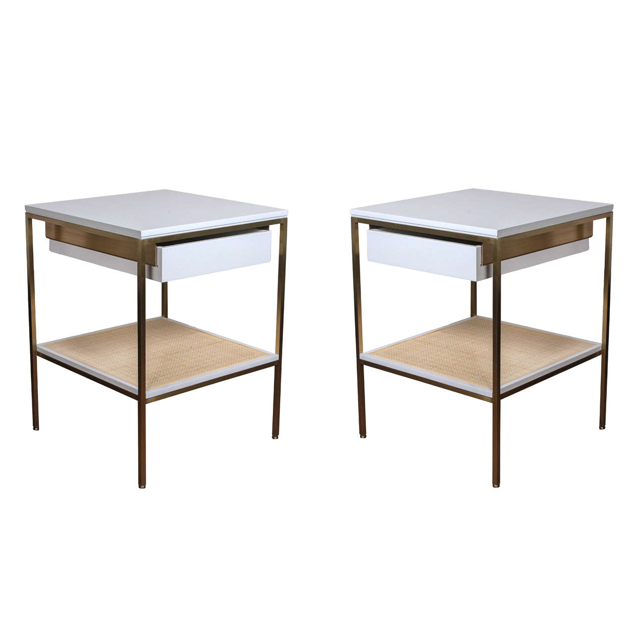 re: 392 Bedside Tables in Soft Chamois gloss on satin brass frames. For Sale
