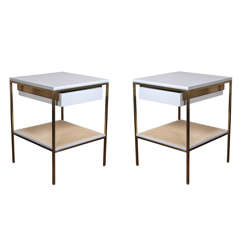 Bedside Tables with Brass Frames, White Lacquered Tops/Drawers and Cane Shelves