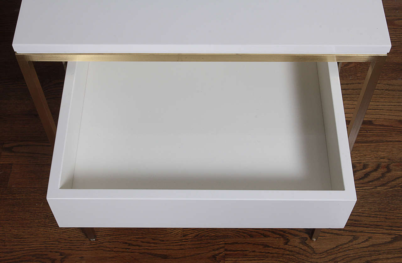 Bedside Tables with Brass Frames, White Lacquered Tops/Drawers and Cane