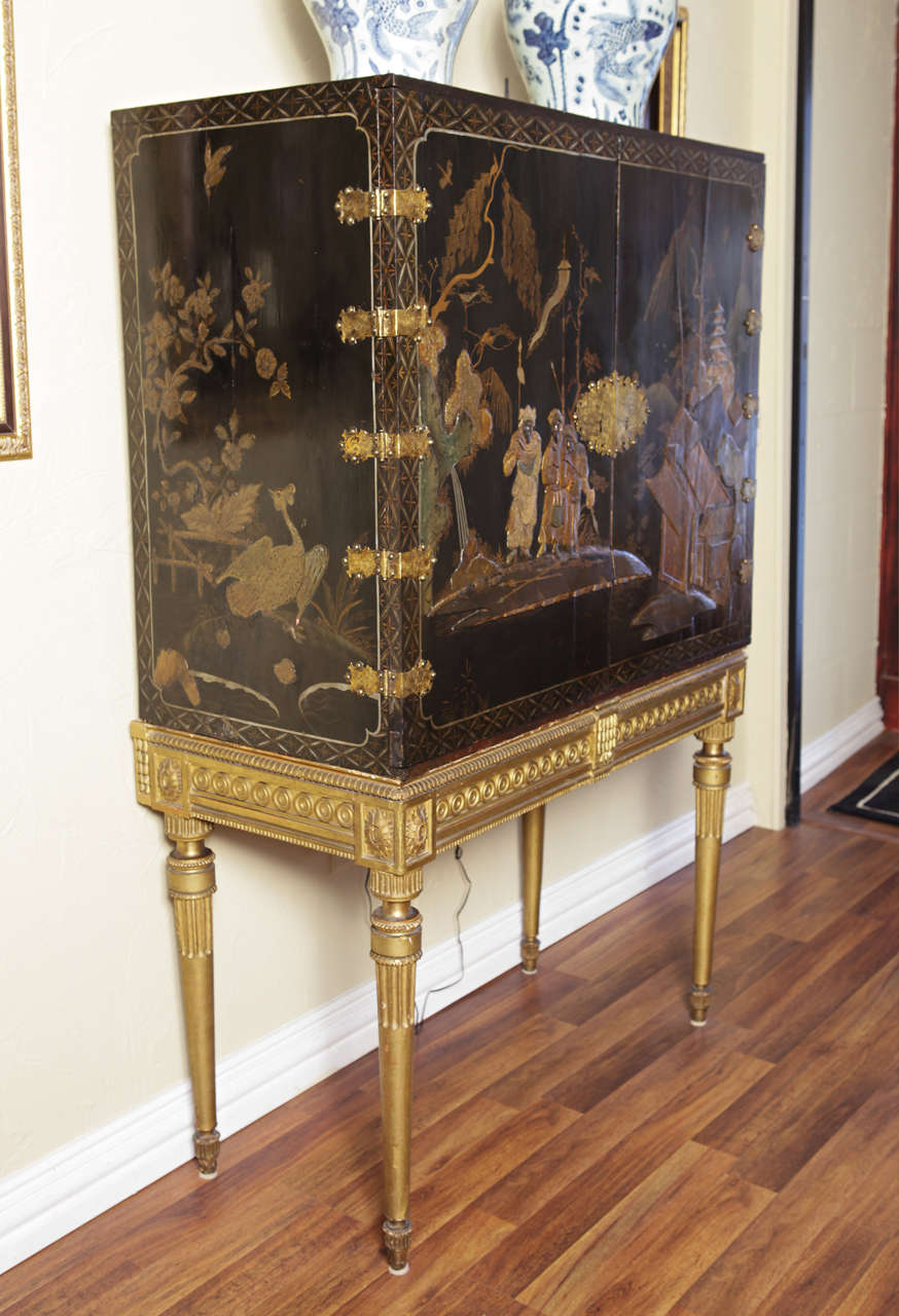 Early 19th c English chinoisserie black lacquered cabinet on stand 3