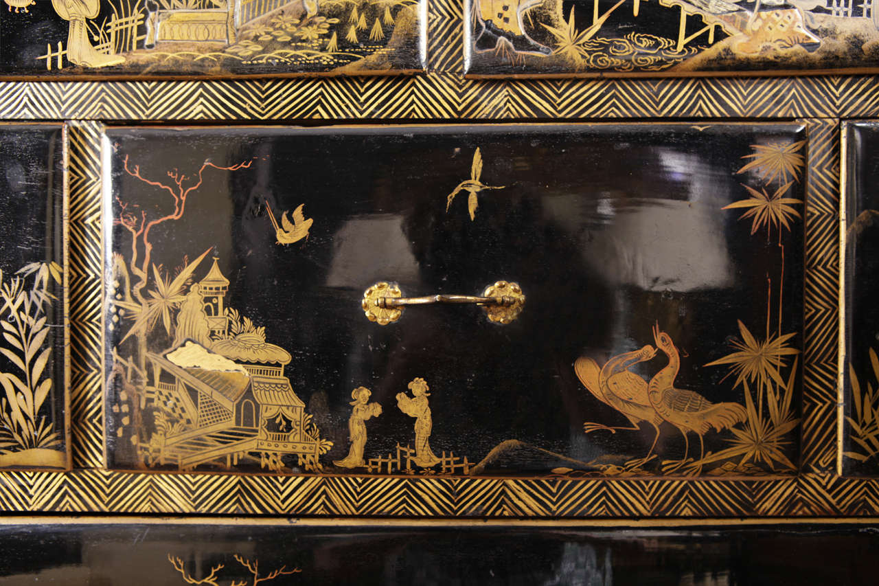 Early 19th c English chinoisserie black lacquered cabinet on stand 5