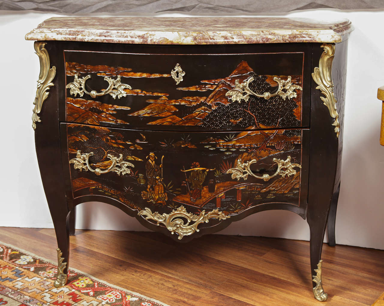 19th c French Chinoisserie and gilt bronze marble topped commode