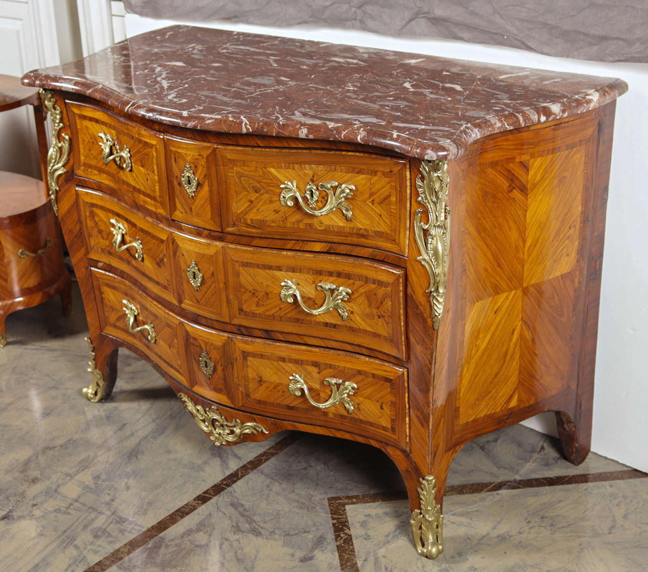 18th c French Regence Kingwood and gilt bronze marble topped commode