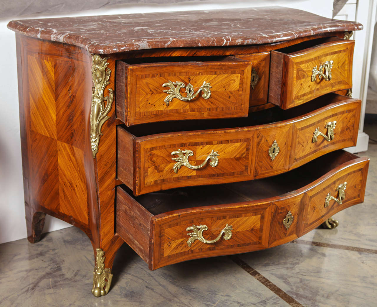 French 18th C Magnificent Regence Kingwood And Gilt Bronze Marble Topped Commode