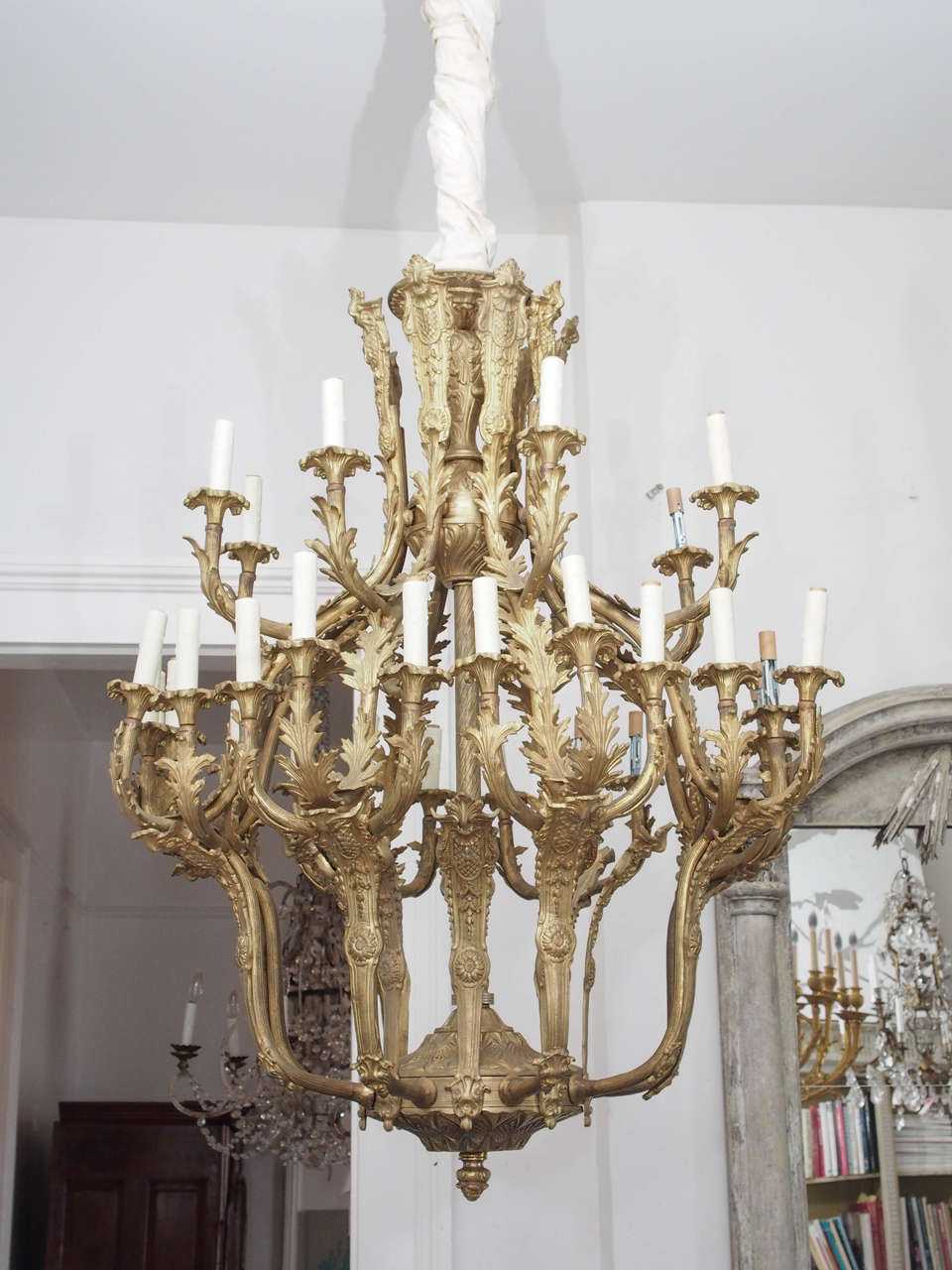 Exquisite and rare, twenty-four-light, solid bronze chandelier. Craftsmanship denotes Dutch origins, most likely from the early 20th century. Birdcage form in the French Rococo style. Has been rewired for the U.S.