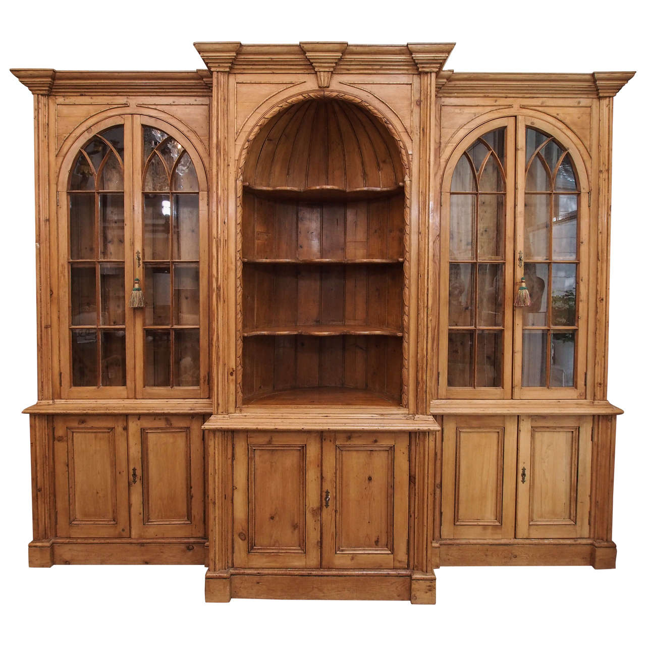 Antique English Pine Breakfront Bookcase