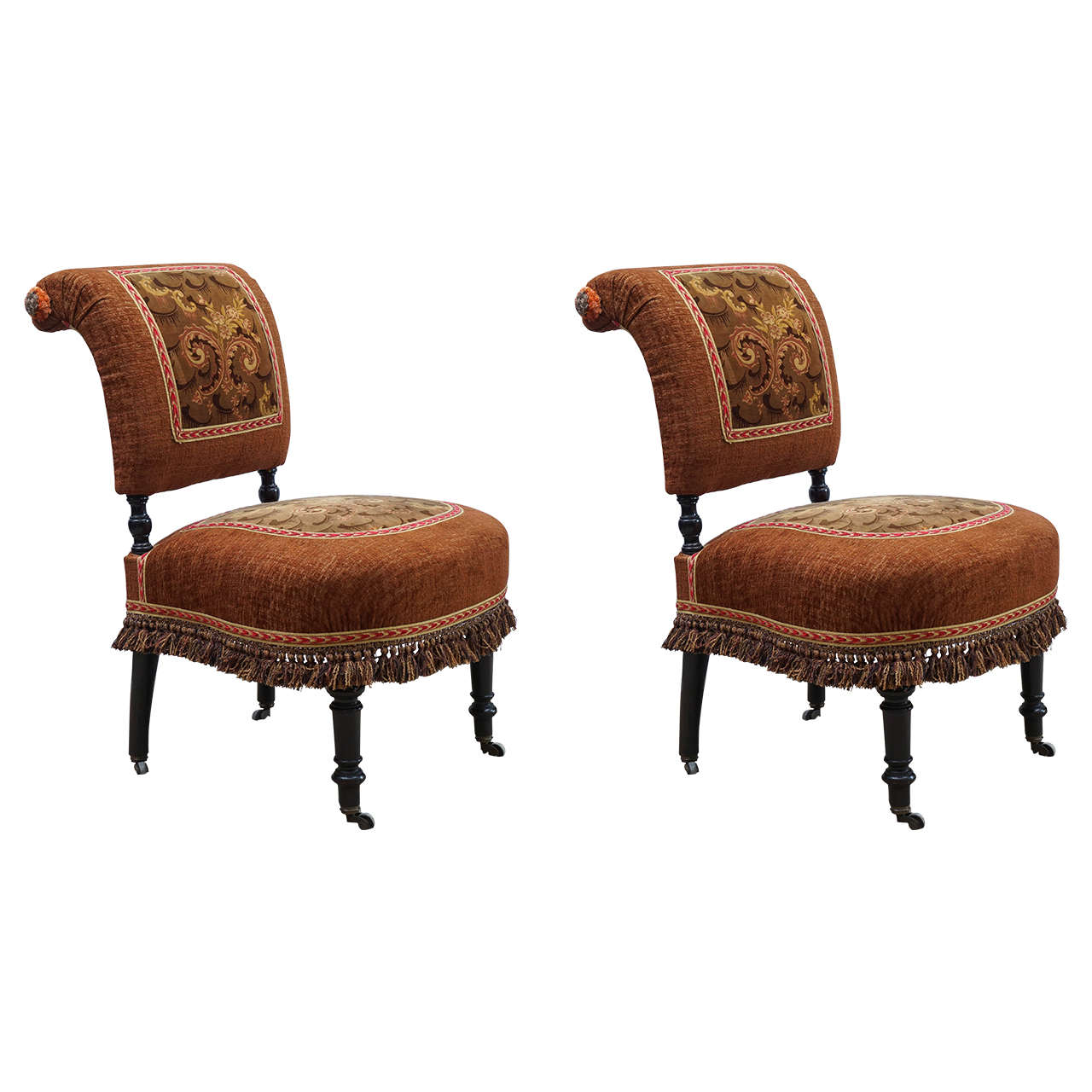 Pair of Napoleonic III Side Chairs with Stunning Upholstery For Sale