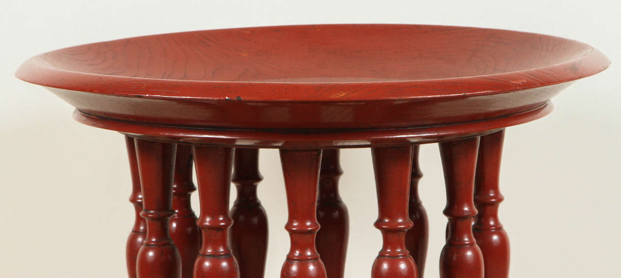 Mid-Century Modern Red Lacquered Turned Oak Side Table