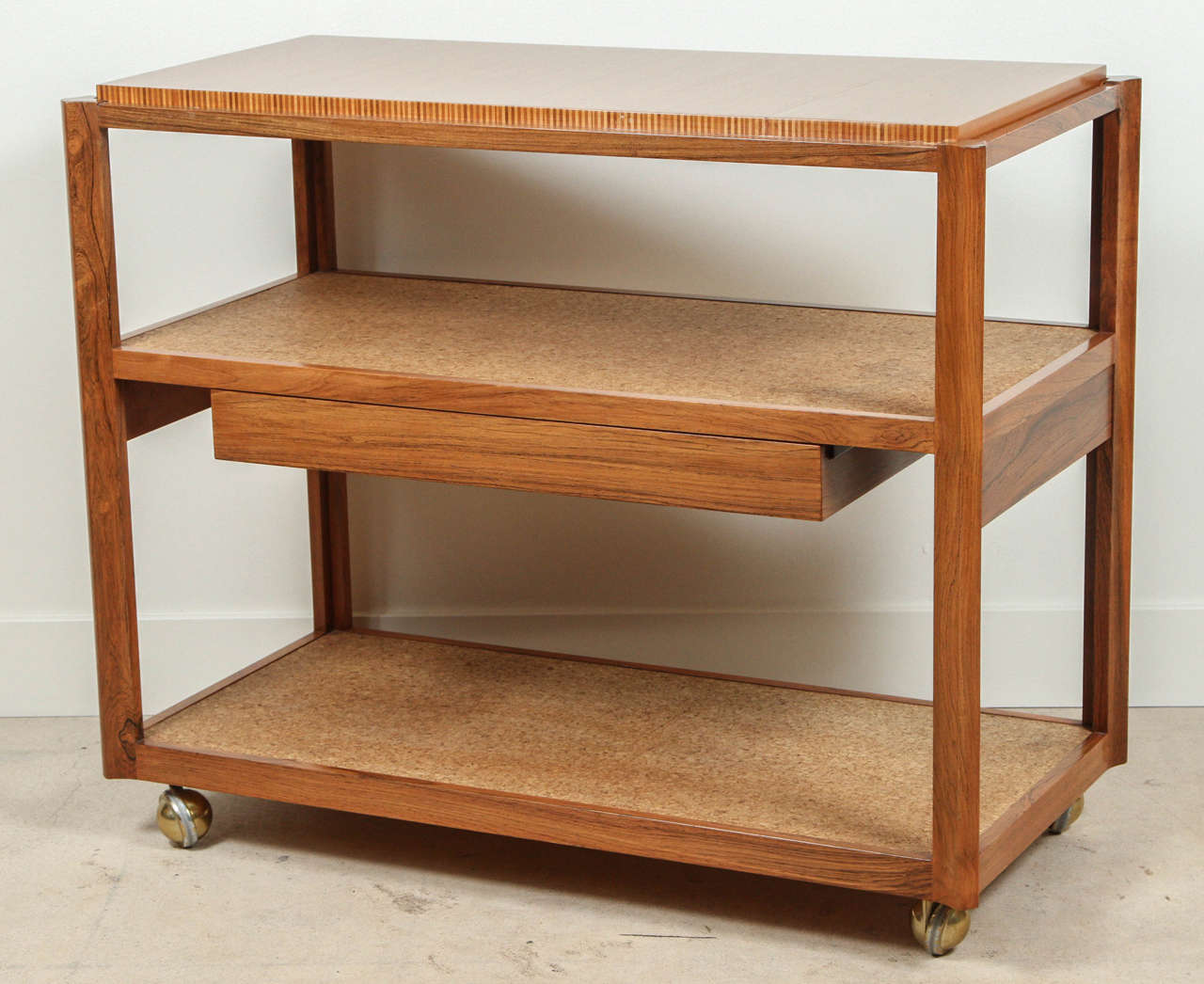 Custom cork and rosewood bar cart by Edward Wormley for Dunbar.