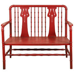 1930s Red Carved Wood Bench