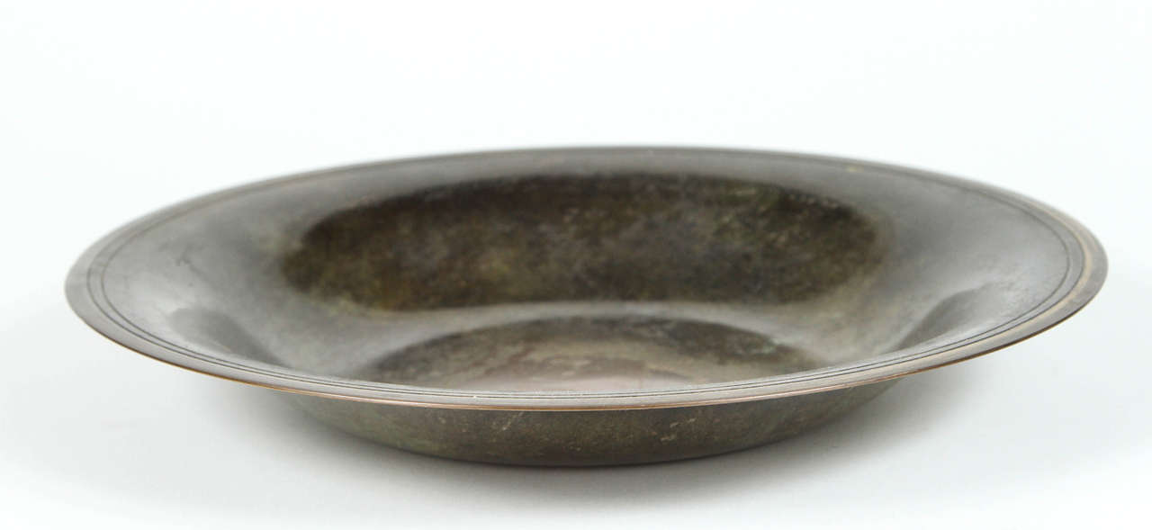Swedish bronze bowl with ship detail inlay, Marked bronce.