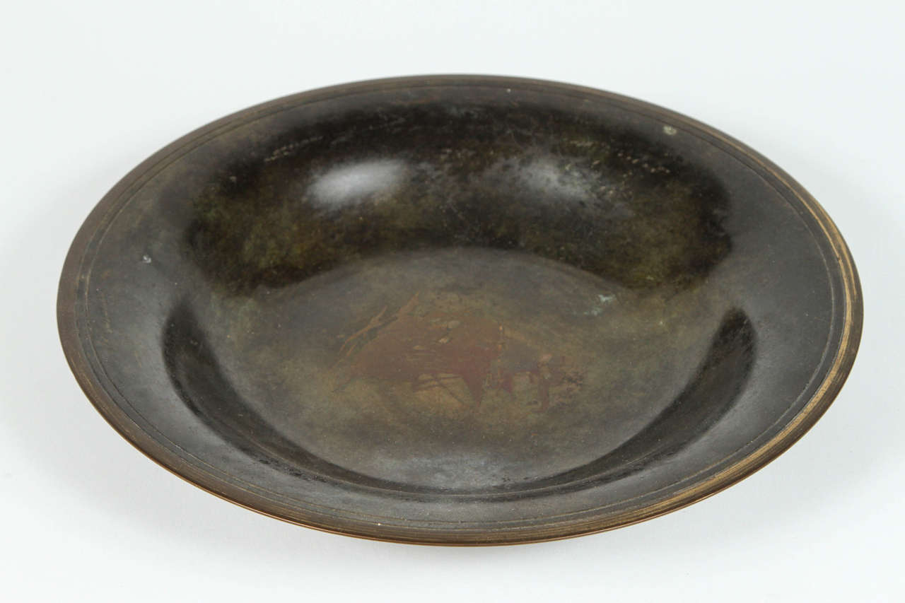 Patinated Swedish Bronze Bowl with Ship Detail Inlay For Sale