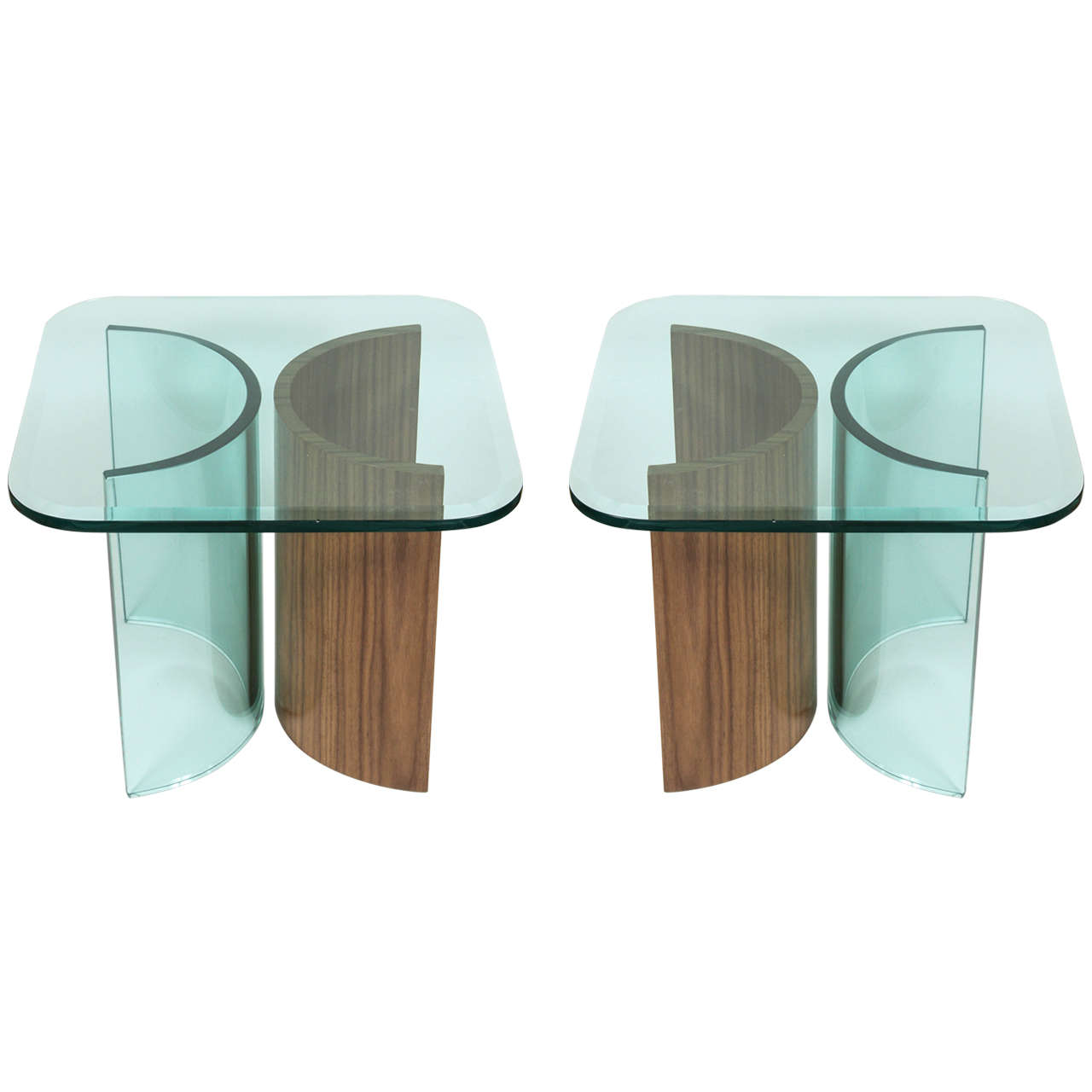 Pair of Curved Glass and Walnut Side Tables For Sale