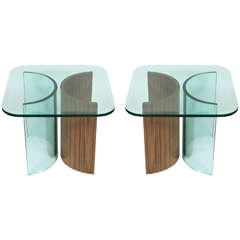 Pair of Curved Glass and Walnut Side Tables