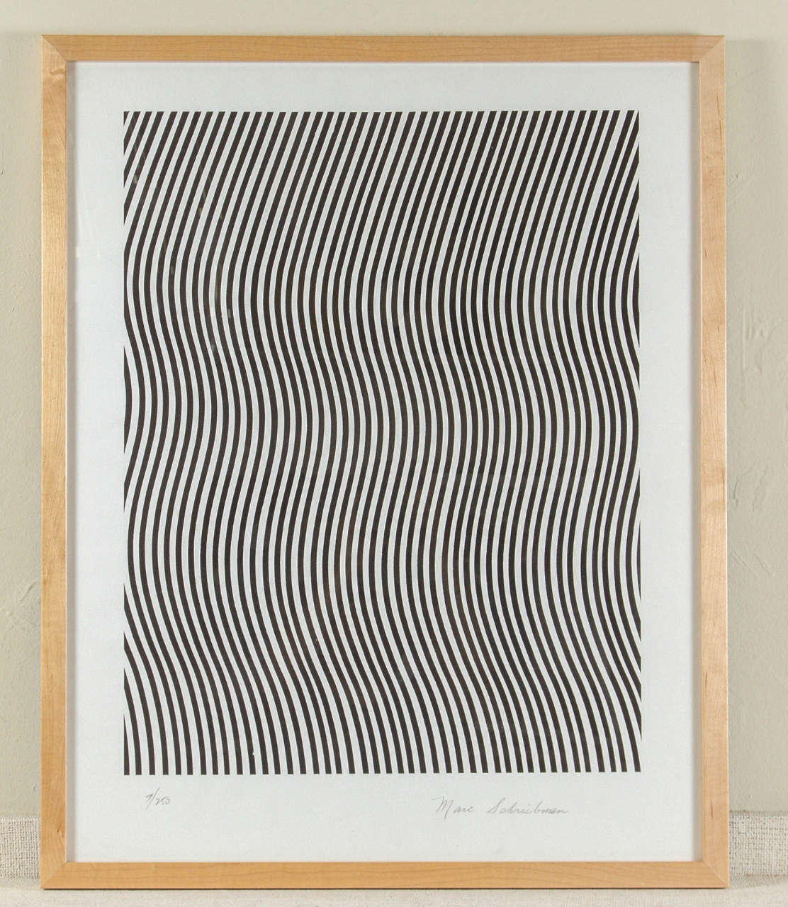 Black and white Op Art print from the 1970s. Signed March Schreibman. Numbered 7 of 250 maple frame.