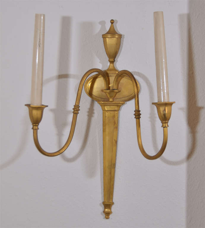 Pair of French Gilt Bronze Classical Sconces, 
with two arms and urn form back plate, c. 1940