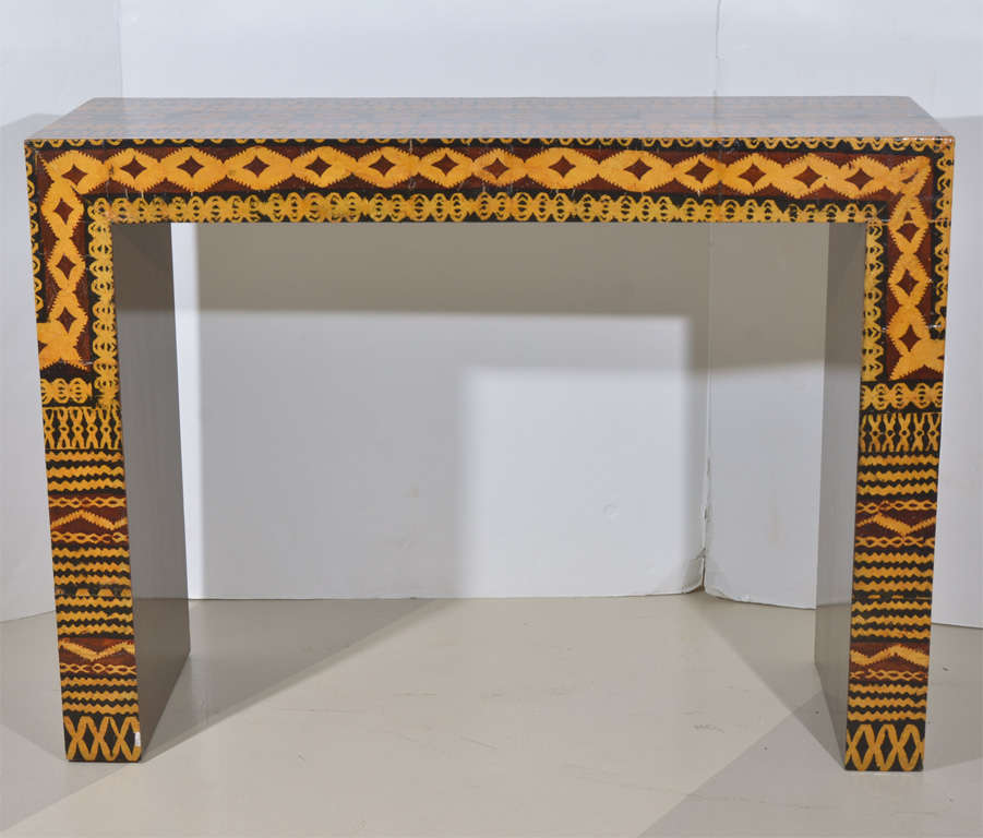 Tribal Block Print Veneer Parsons Console Table, in the manner of Karl Springer, Early 20th Century