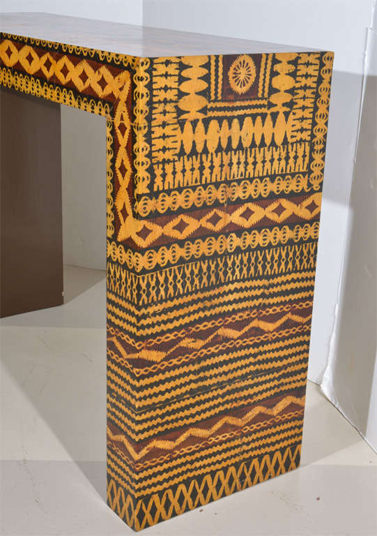 20th Century Tribal Block Print Veneer Parsons Console Table