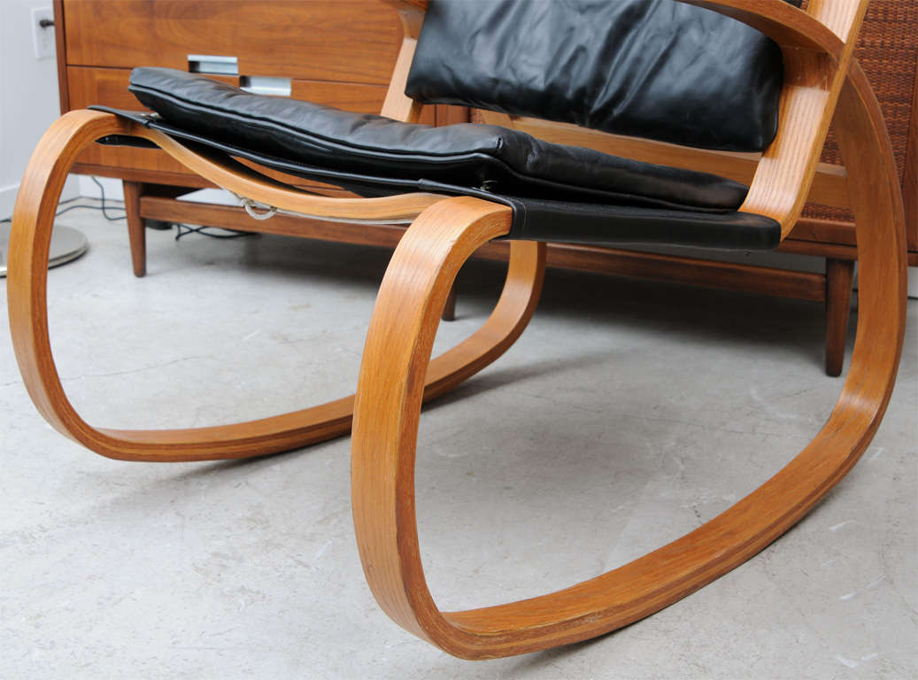 Sculptural 70, s Leather and Wood Rocking Chair at 1stDibs