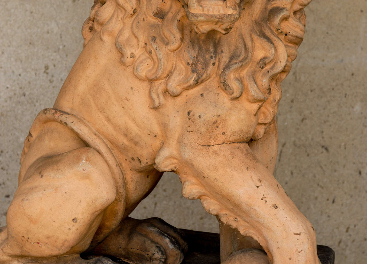 Italian 19th Century Terracotta Lion on Faux Marble Pedestal, 4.5 Ft Tall  In Good Condition For Sale In Atlanta, GA