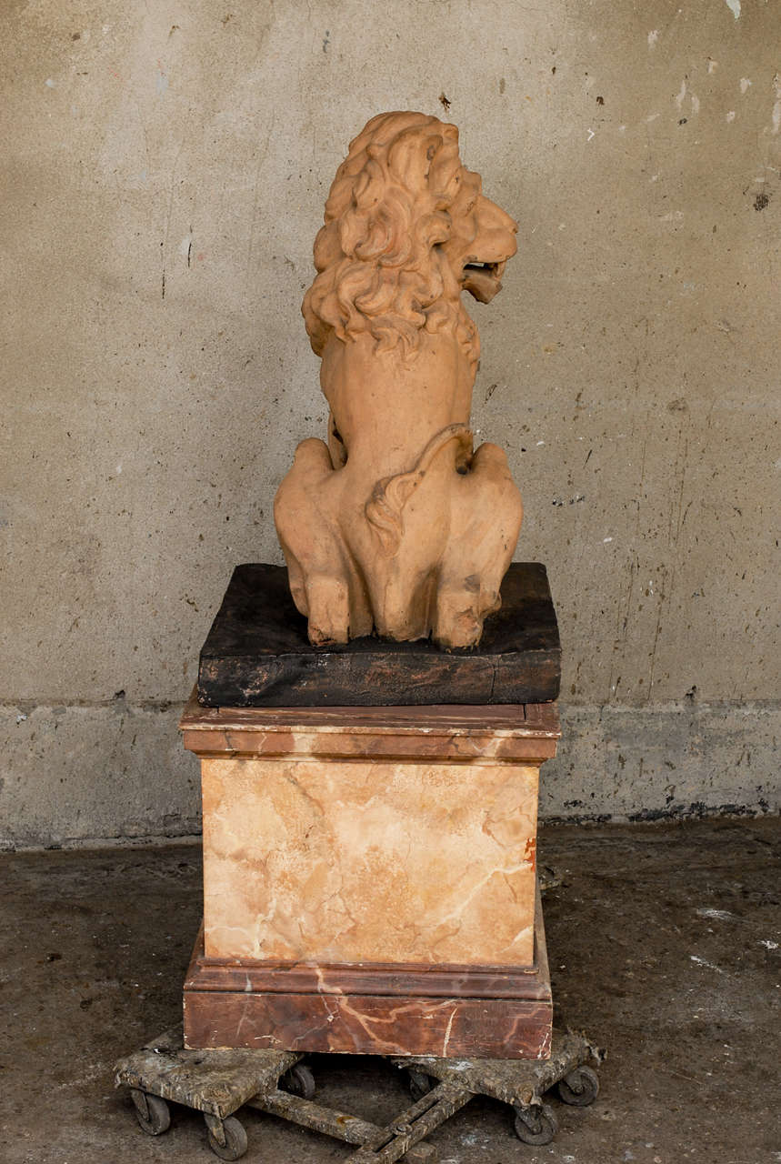 Italian 19th Century Terracotta Lion on Faux Marble Pedestal, 4.5 Ft Tall  For Sale 5