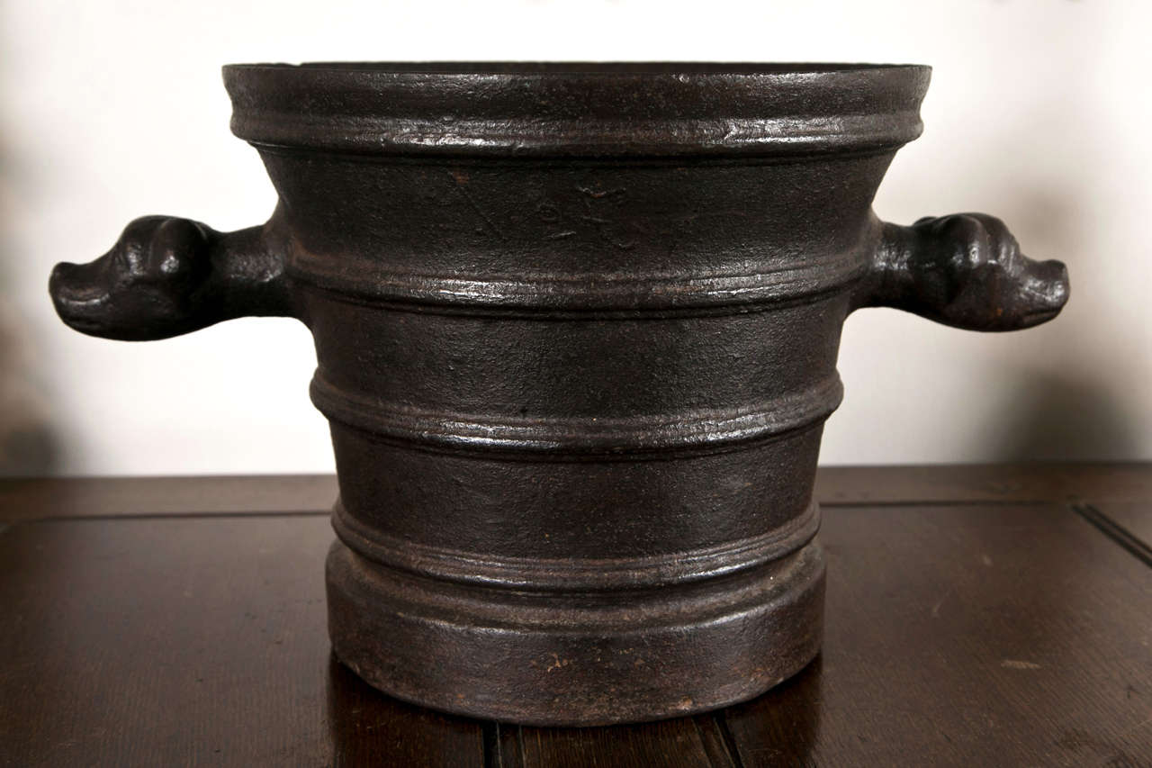 Baroque Massive Iron Mortar With Dog Head Handles