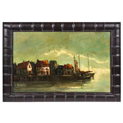 Vintage Oil Painting of Harbor Scene