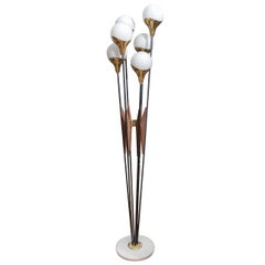 Italian Stilnovo Floor Lamp With Glass Globes And Brass Finishes