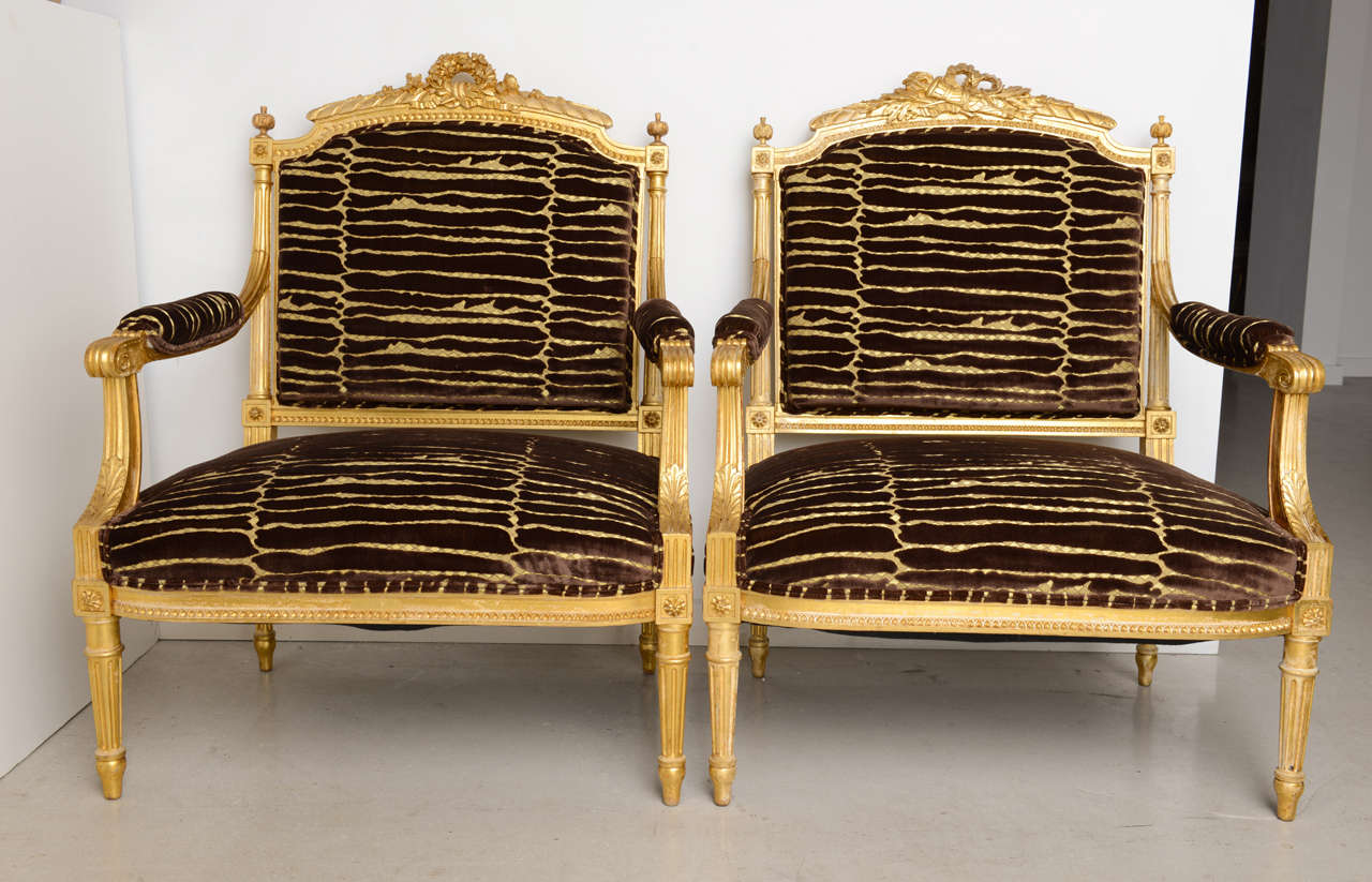 Pair of vintage carved and gilt Italian armchairs with brown and gold velvet upholstery. 