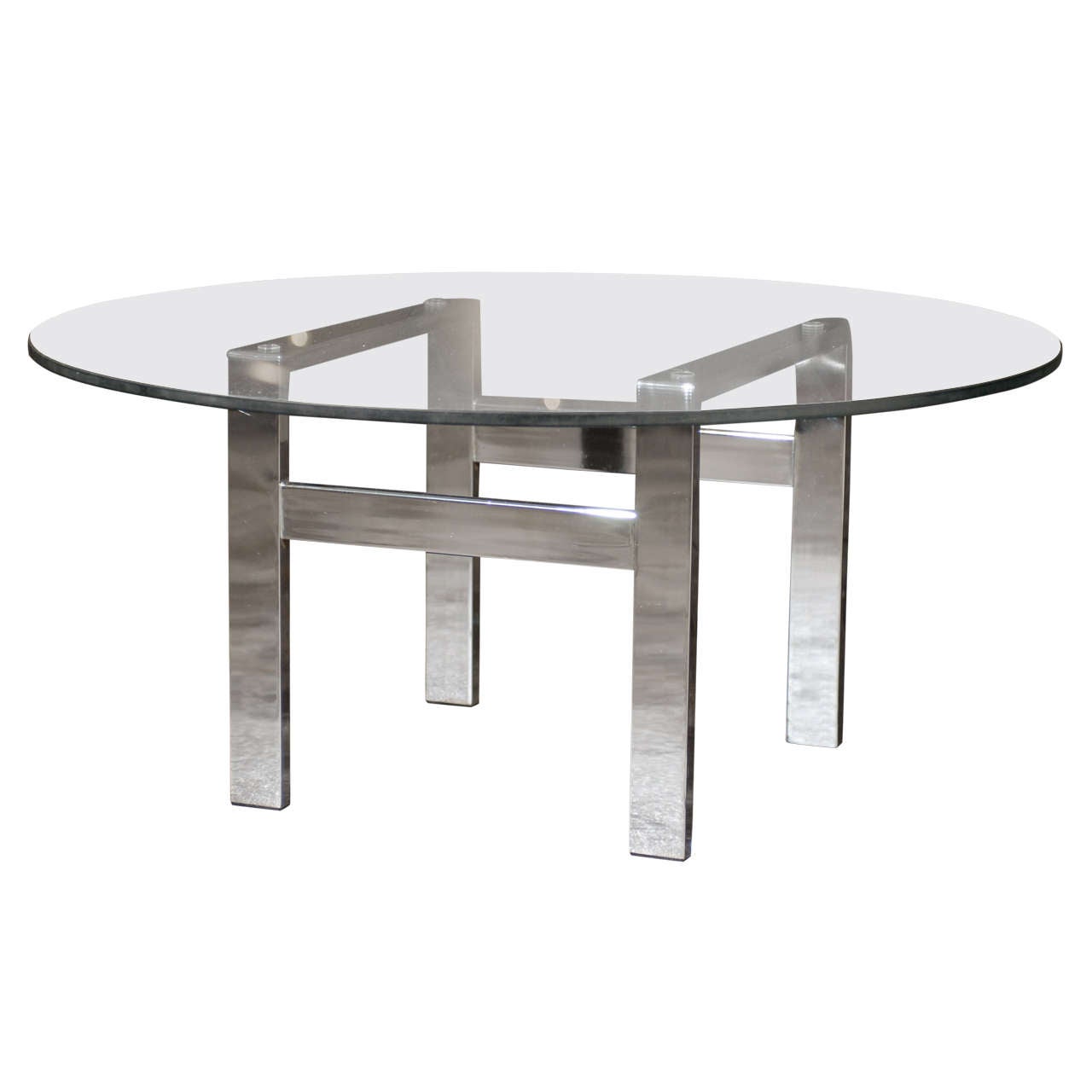 Mesa baja plana de cromo y cristal al estilo de Milo Baughman