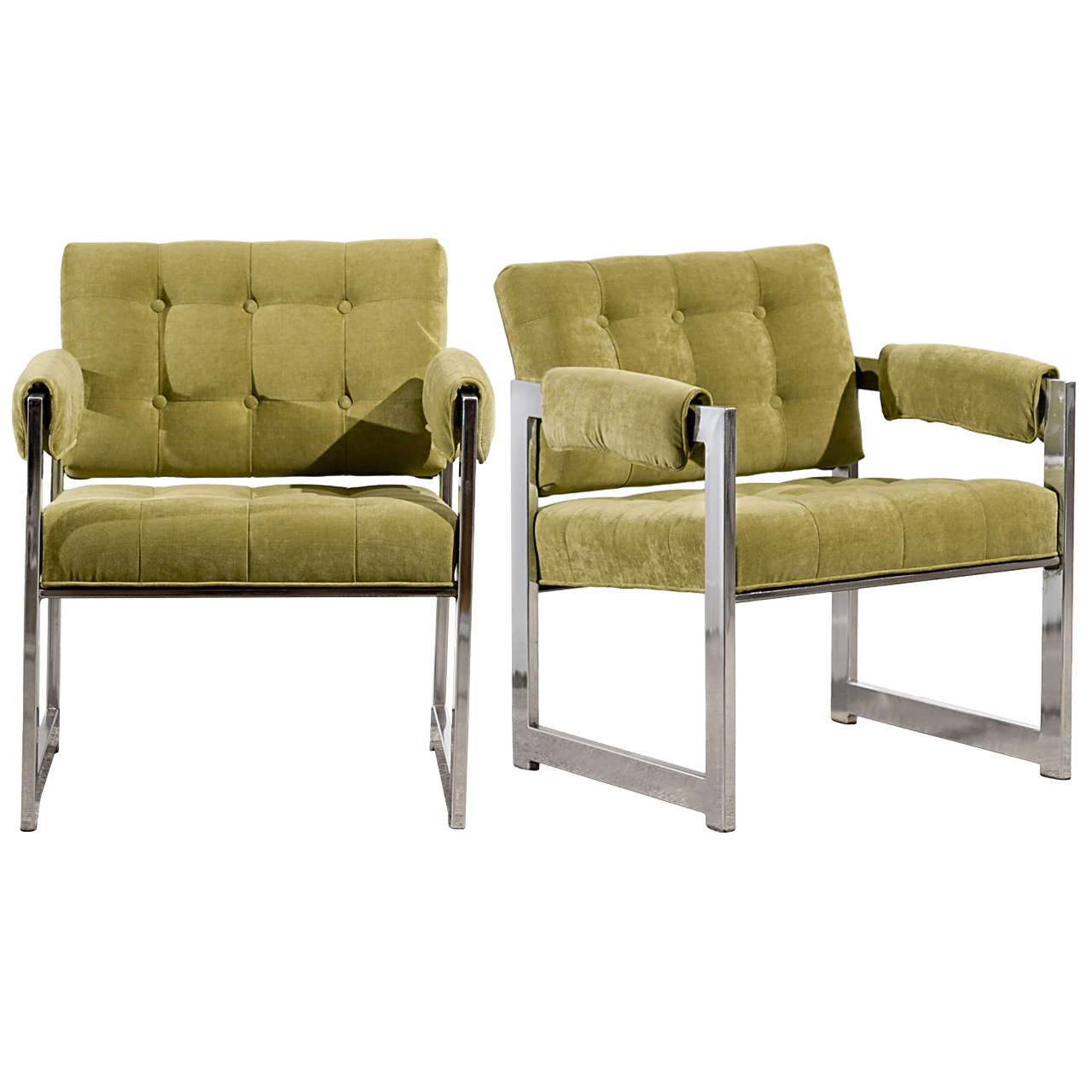 Stylish Pair of Milo Baughman Style Lounge Chairs in Lime Chenille, circa 1975 For Sale