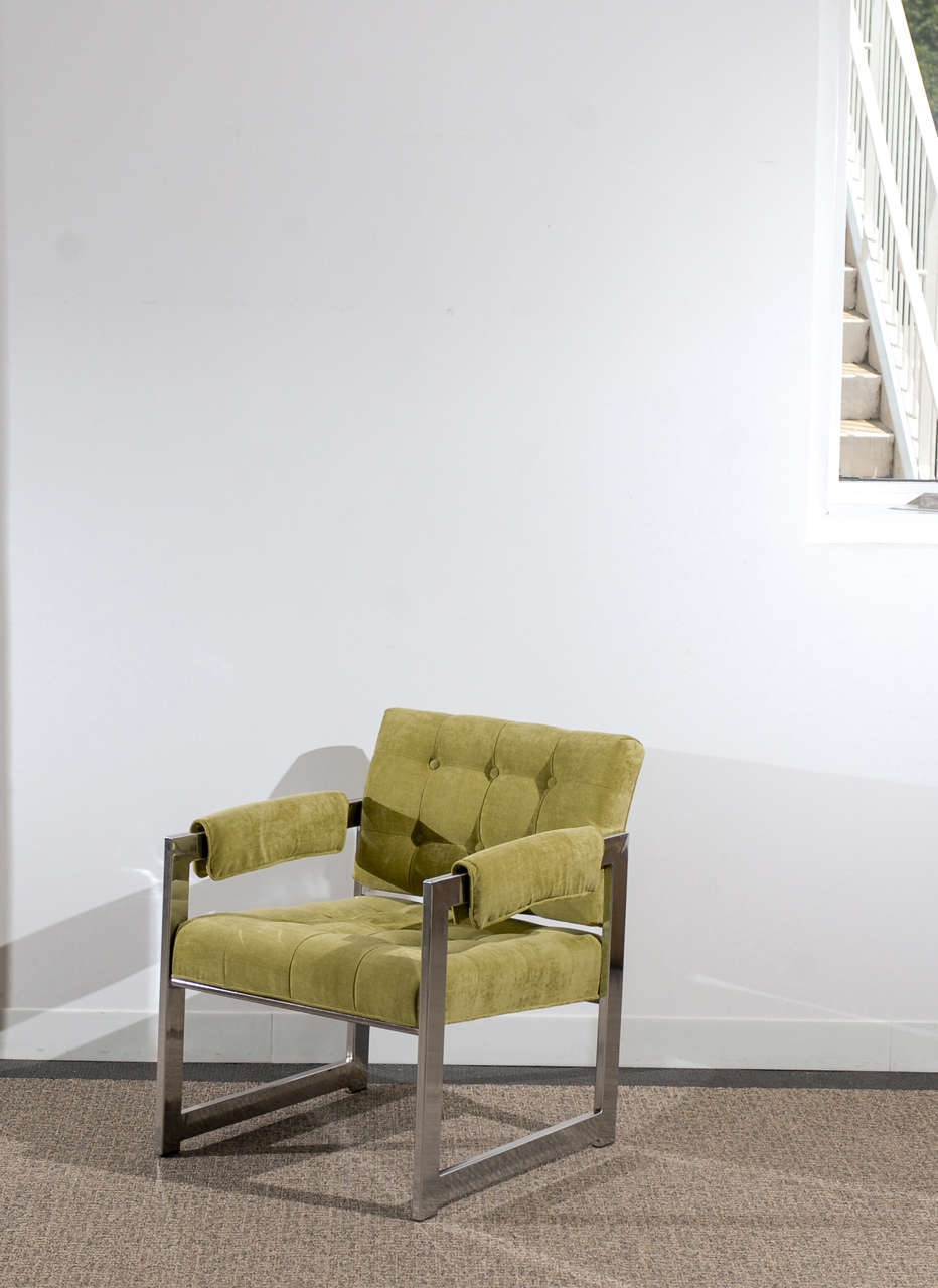 Stylish Pair of Milo Baughman Style Lounge Chairs in Lime Chenille, circa 1975 For Sale 3
