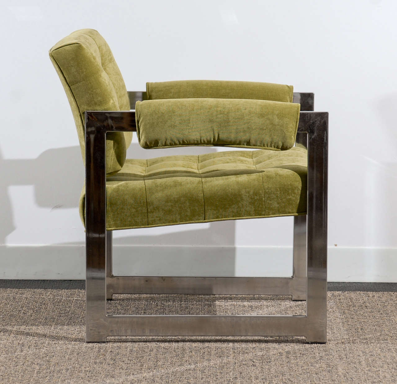 Chrome Stylish Pair of Milo Baughman Style Lounge Chairs in Lime Chenille, circa 1975 For Sale