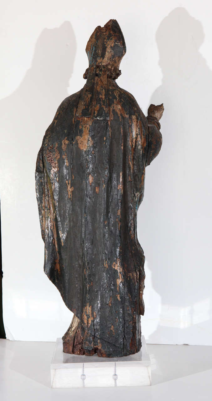 16th Century Wood Statue of a Bishop In Fair Condition In Newport Beach, CA