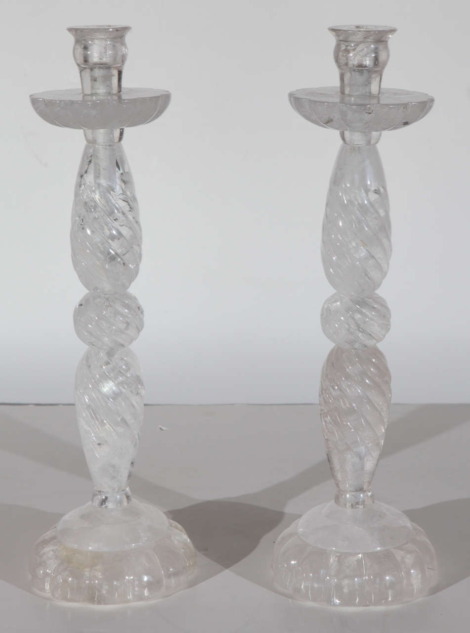 Pair of large, Continental, hand-turned, rock crystal candlesticks.