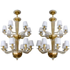 Pair of Fourteen-Arm Chandeliers in Murano Glass