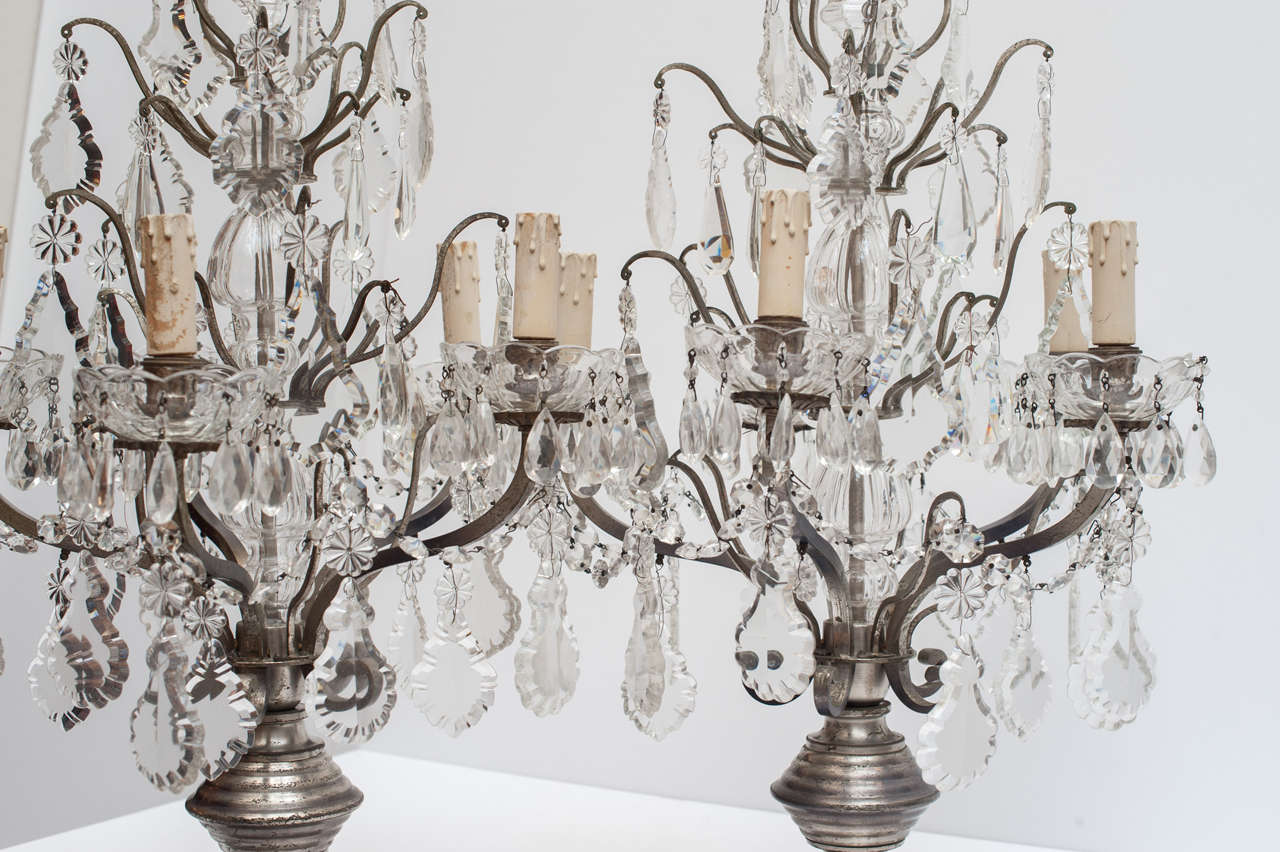 20th Century French Iron and Crystal, Five Light Candelabra Girandoles In Good Condition In Milan, IT