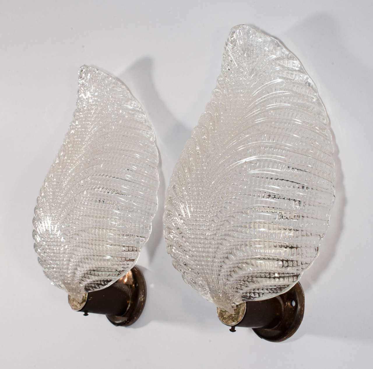 Italian Pair of Murano Glass Leaf Wall Sconces