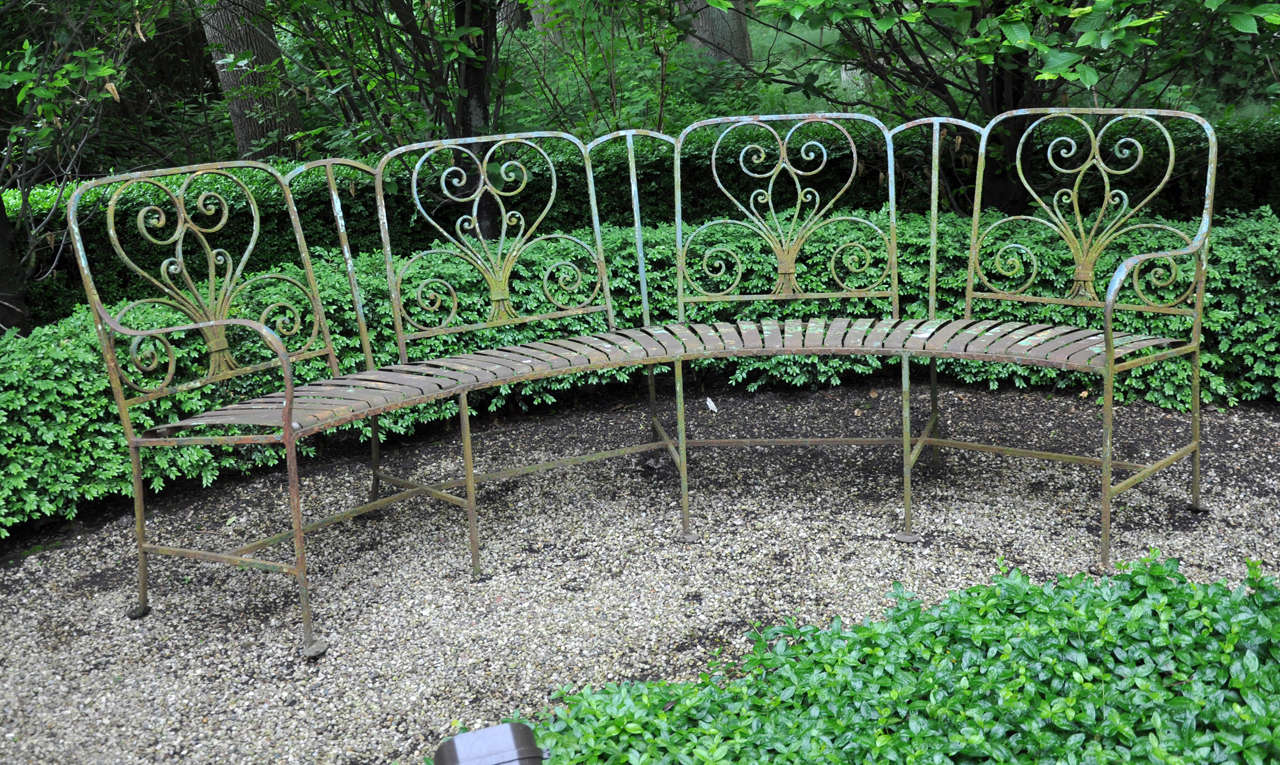 Curved Four-Chair-Back Iron Garden Settee, France, circa 1890