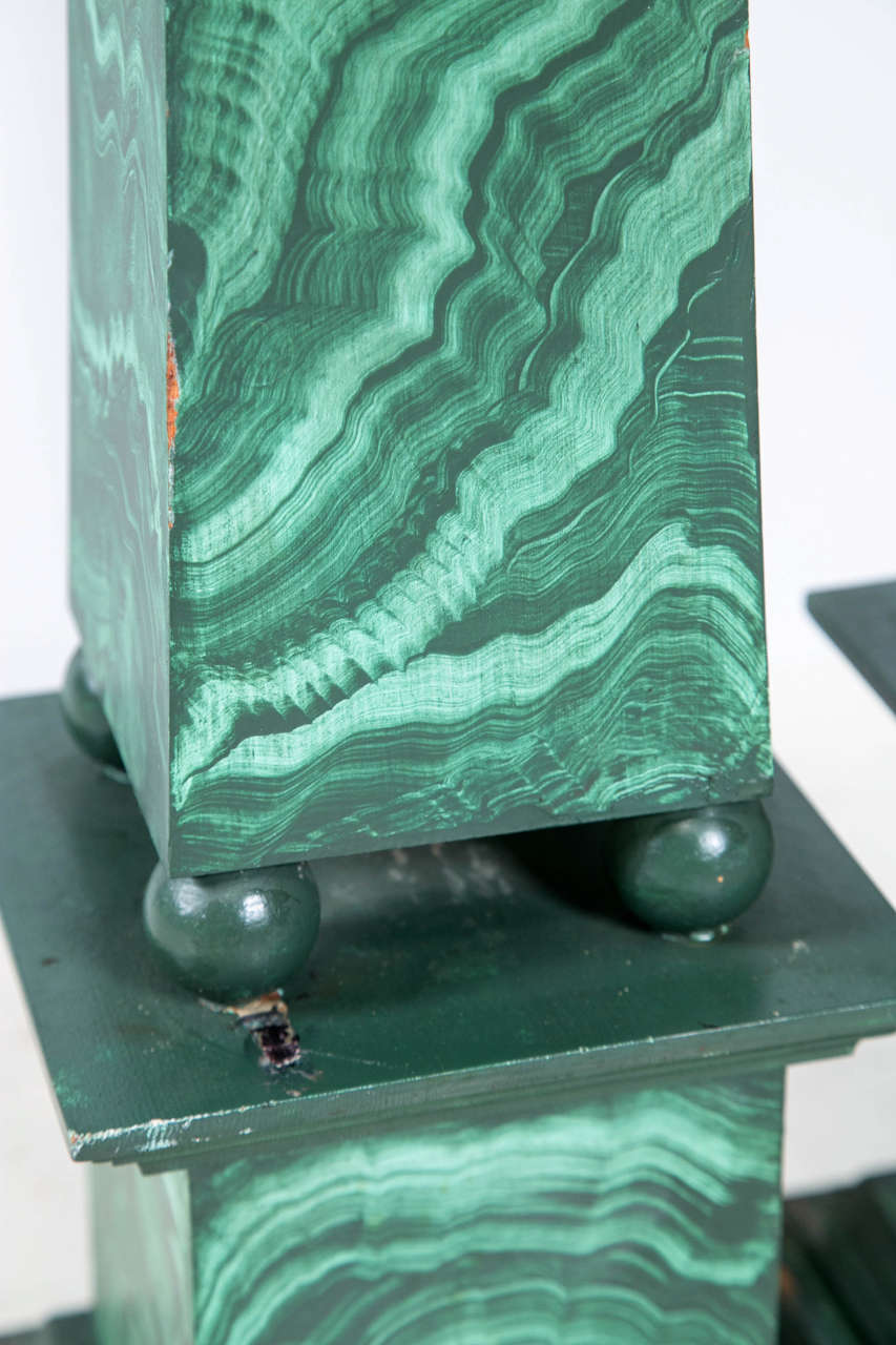Pair of Faux Malachite Obelisks In Good Condition In Stamford, CT