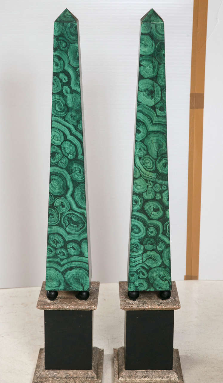 American Pair of Faux Malachite Obelisks