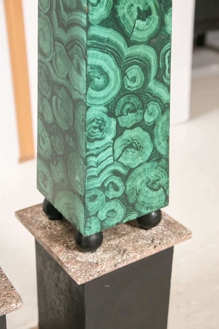 Wood Pair of Faux Malachite Obelisks