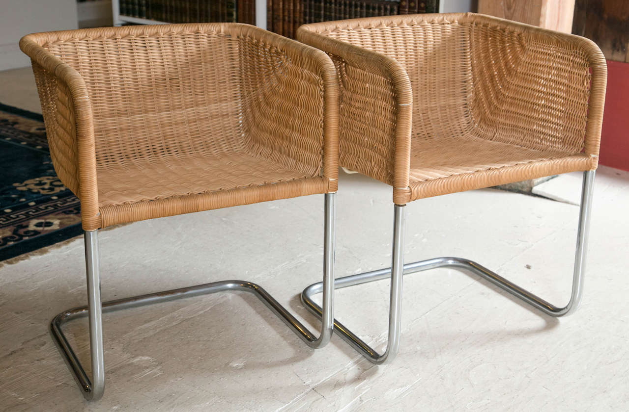 Set of four cantilevered chrome and wicker chairs by Fabricius and Kastholm for Harvey Probber.