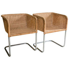 Set of Four Cantilevered Chrome and Wicker Chairs