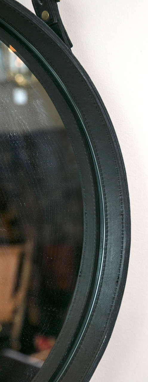 Circular Leather Strap Mirror In Excellent Condition In Stamford, CT