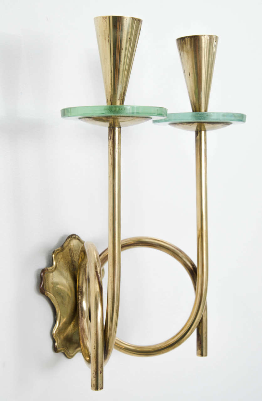 Pair of Midcentury Brass Sconces in the Style of Fontana Arte In Good Condition In London, GB