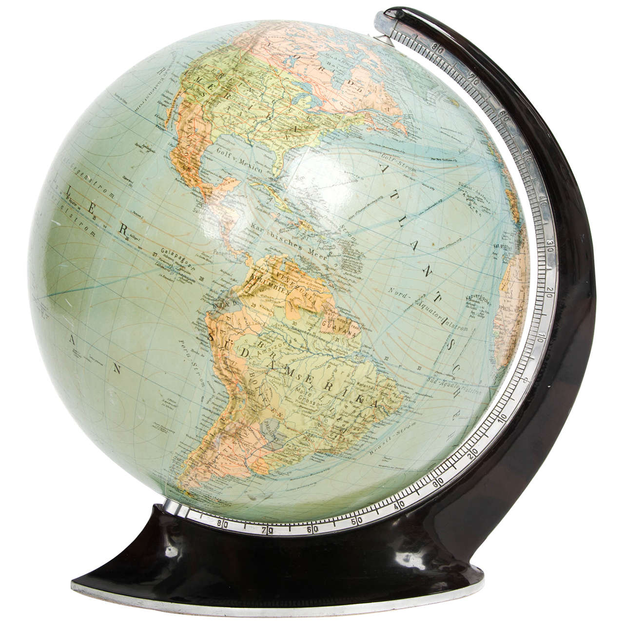 Art Deco style globe by Columbus of Germany. This globe has a glass sphere with paper coating; it has a bakelite and steel frame and references are in German. It is believed to be a 1940s illuminating DUO model, which shows both the political and