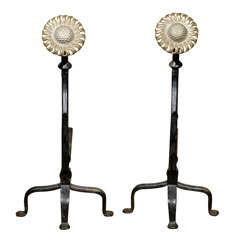 Pair Of Early 20thc Sunflower Rondel Andirons